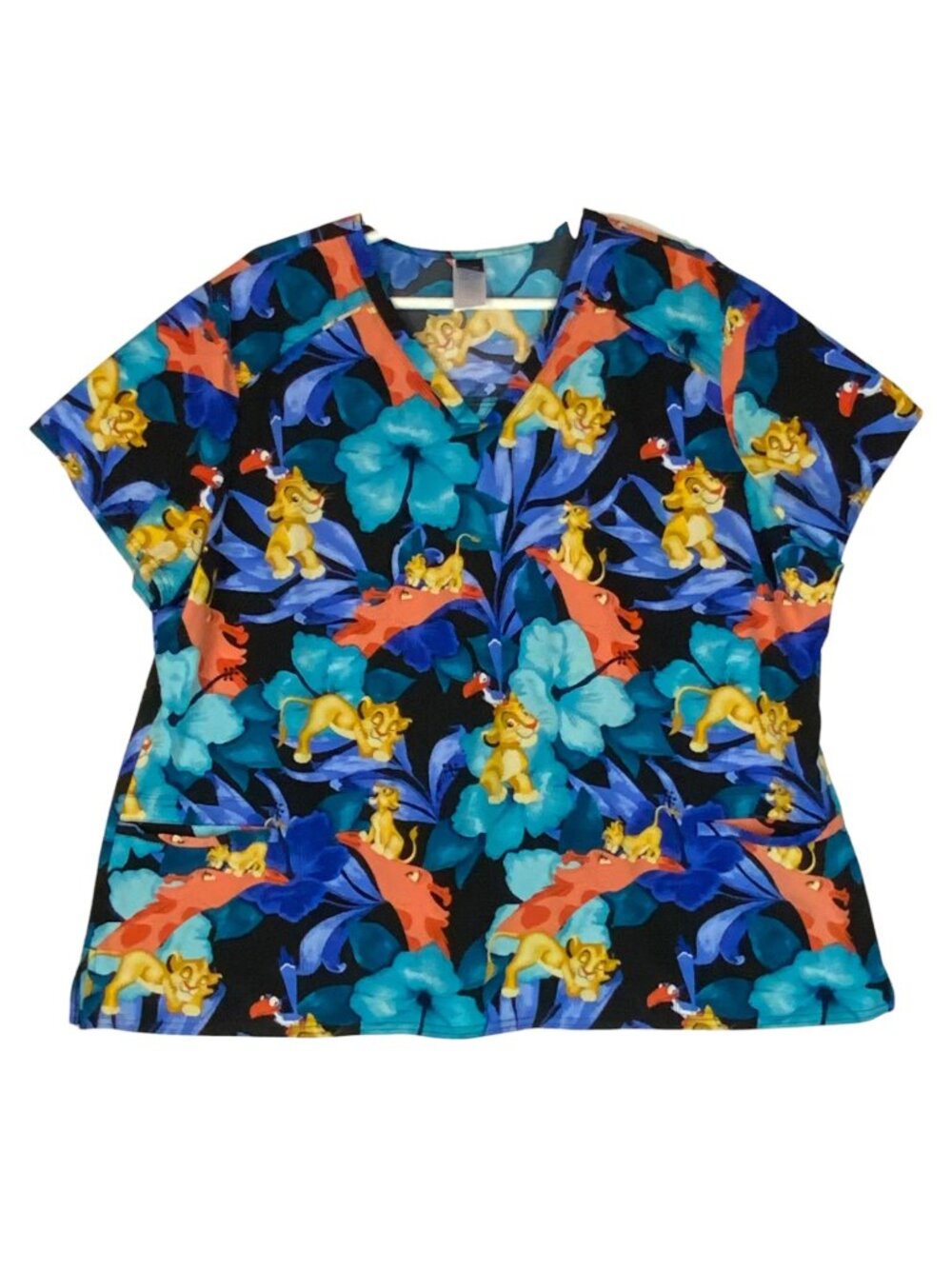 Disney Lion King Scrub Top With Floral Print V-Neck Short Sleeve Womens Size 5XL